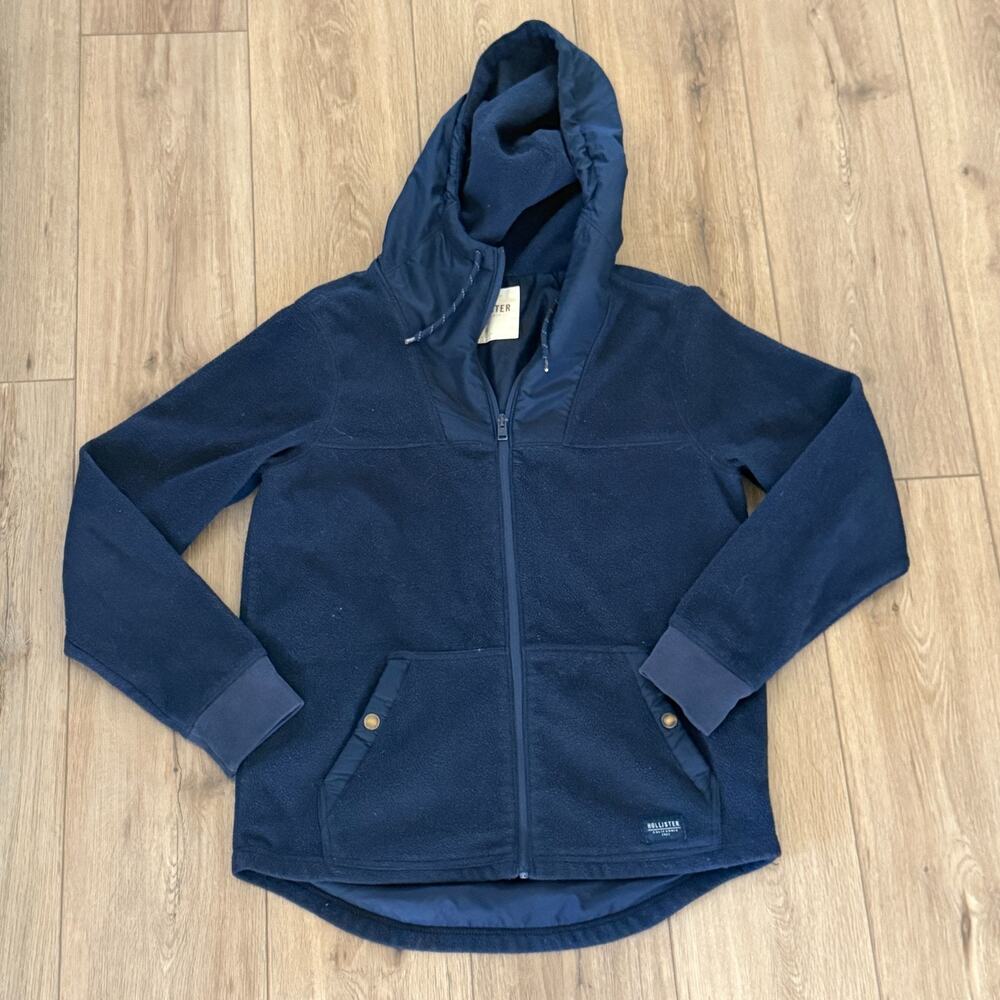 Hollister navy blue full zip hooded fleece jacket mens Size Small Y2K Cozycore